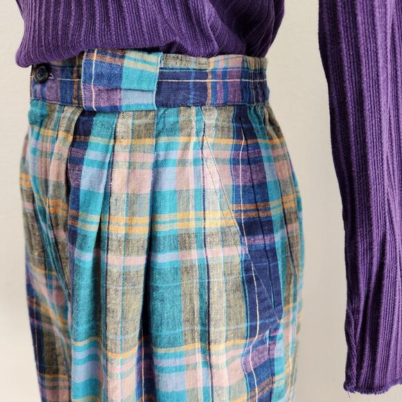 Vintage Fundamental Things Plaid Pleated High Waisted Linen Shorts Teal Purple 2 - Picture 4 of 11
